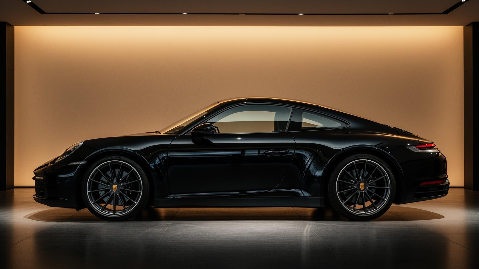 Voiture sportive noire dans un showroom premium